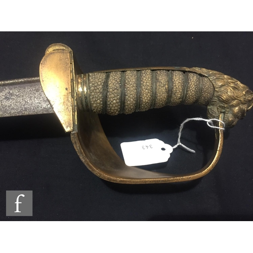 343 - A 19th Century naval officers dress sword with hinged guard and lion pommel, a World War One officer... 