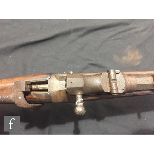 367 - A 19th breech loading converted two band musket with bayonet and ram rod.