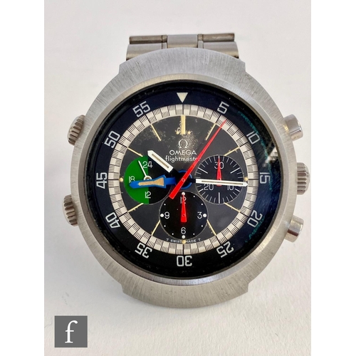 394 - A gentleman's Omega Flightmaster wrist watch Ref 145.013, with black dial white hands and three subd... 