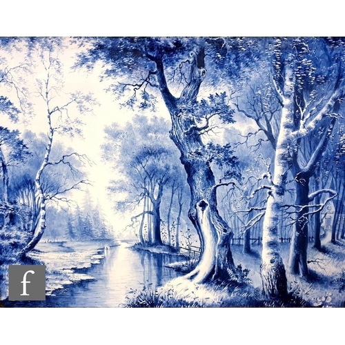 118 - A large pair of 19th Century Dutch rectangular plaques hand painted by Louis Apol, with blue and whi... 