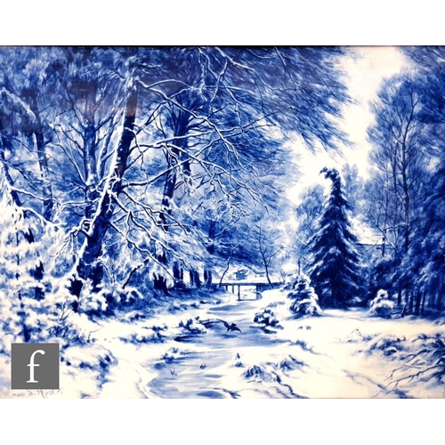 118 - A large pair of 19th Century Dutch rectangular plaques hand painted by Louis Apol, with blue and whi... 