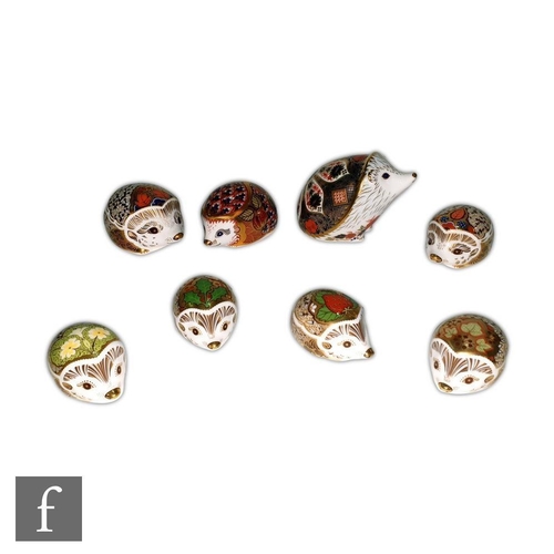 12 - Eight Royal Crown Derby Hedgehog paperweights to include Old Imari Hedgehog exclusively made for Pet... 