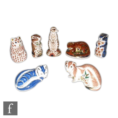 13 - Seven Royal Crown Derby paperweights including Otter, Platinum Arctic Fox, Southwell Stoat, Chester ... 