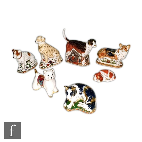 26 - Eight Royal Crown Derby Dog paperweights to include Lurcher made exclusively for Sinclairs, numbered... 