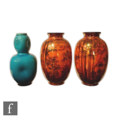 53 - An early 20th Century Burmantofts shape 727 vase of globe and shaft form with indented sides decorat... 