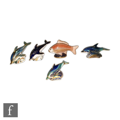 6 - Five Royal Crown Derby sea life paperweights including Lyme Bay Dolphin 2003 Mother number 615 of 15... 