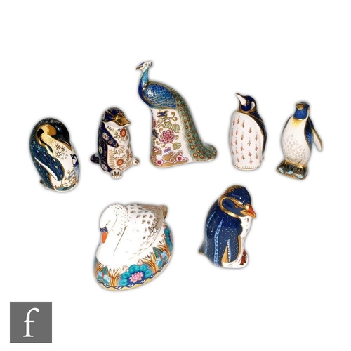 9 - Seven Royal Crown Derby bird paperweights including Designers Choice Collection Derby Peacock number... 