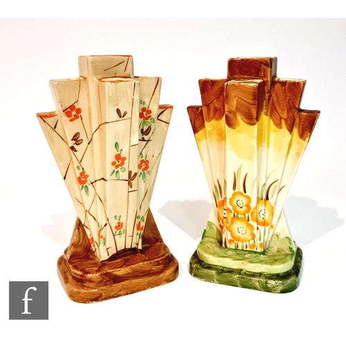 17 - Two 1930s Art Deco Myott Pyramid (or Odeon) vases, the first decorated in pattern 8667, the second i... 