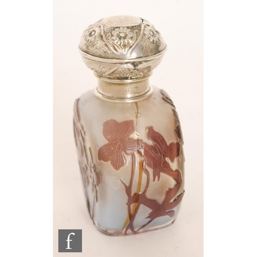 12 - Galle - An early 20th Century cameo glass and hallmarked silver scent bottle, of compressed ovoid fo... 