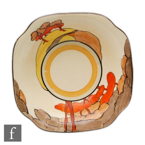 19 - A Clarice Cliff Coral Firs pattern Leda shape preserve dish circa 1933, hand painted with a stylised... 