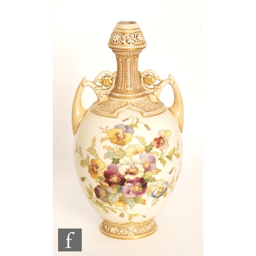 30 - A large late 19th Century Royal Worcester shape 1200 vase, the body decorated with a spray of pansy ... 