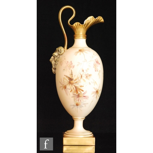 33 - A late 19th Century Royal Worcester blush ivory shape 1144 pedestal ewer, hand painted by Edward Rab... 