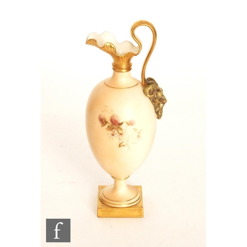 33 - A late 19th Century Royal Worcester blush ivory shape 1144 pedestal ewer, hand painted by Edward Rab... 