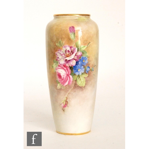 39 - A Royal Worcester shape 2765 vase panel decorated by E. Barker with a spray of hand painted flowers,... 