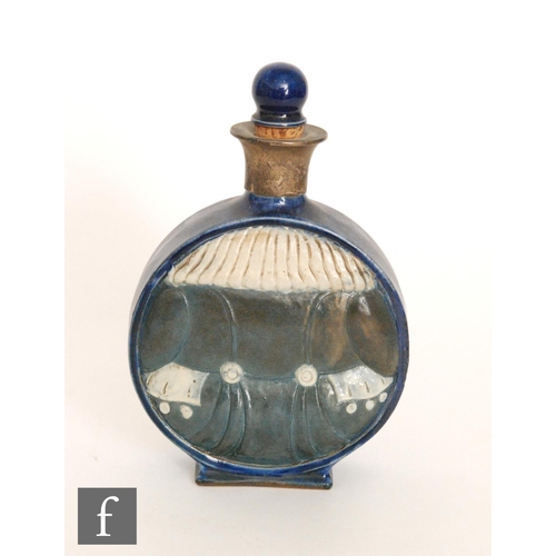 58 - A late 19th Century Doulton Lambeth moon flask decorated in relief with a view of Toby Philpots hold... 