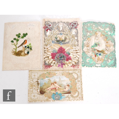 740 - Four Victorian Valentines day cards, the first decorated with applied scraps and flowers against a l... 