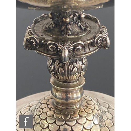 506 - An Arts and Crafts hallmarked silver small tazza, circular stepped foot below fish scale detail and ... 