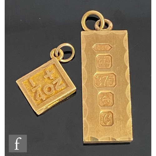 549 - Two 1970s gold ingot pendants, an ounce and a quarter ounce, total weight 40g. (2)