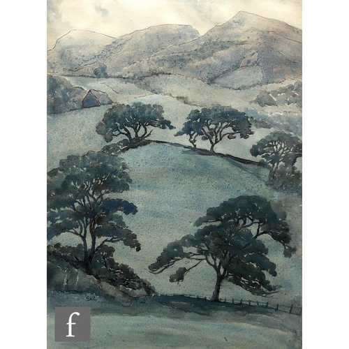 382 - CECILY WILLIAMS-ELLIS (1899-1992) - 'Upland Valley', watercolour, signed and titled on label verso, ... 