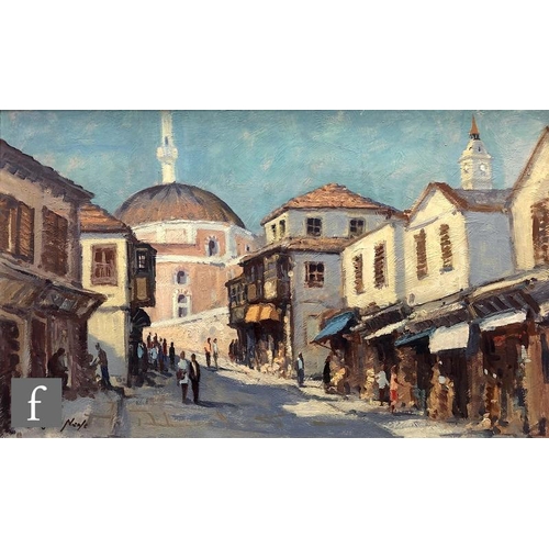 397 - JOHN NEALE (CONTEMPORARY) - Sunlit Italian street scene, oil on board, signed, framed, 39cm x 61cm, ... 