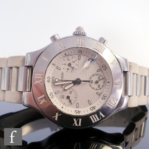 716 - A gentleman's Cartier Chronograph 21 quartz chronograph wristwatch, with batons to a white dial with... 