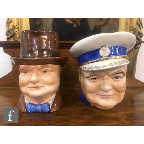 56 - Two 1940s Wilton Pottery Winston Churchill character jugs, the first printed 'Never was so much owed... 