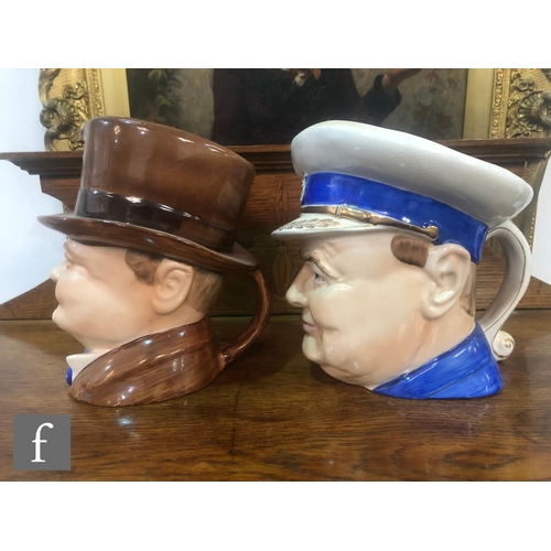 56 - Two 1940s Wilton Pottery Winston Churchill character jugs, the first printed 'Never was so much owed... 