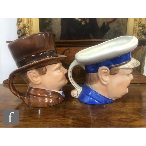 56 - Two 1940s Wilton Pottery Winston Churchill character jugs, the first printed 'Never was so much owed... 