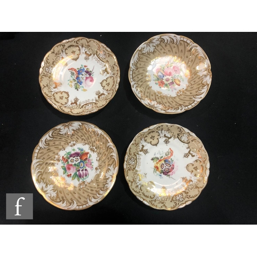 55 - A 19th Century hand painted part dessert service comprising one shaped dish and three plates, each w... 