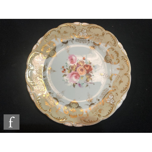 55 - A 19th Century hand painted part dessert service comprising one shaped dish and three plates, each w... 