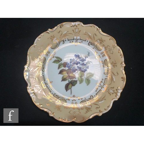 55 - A 19th Century hand painted part dessert service comprising one shaped dish and three plates, each w... 