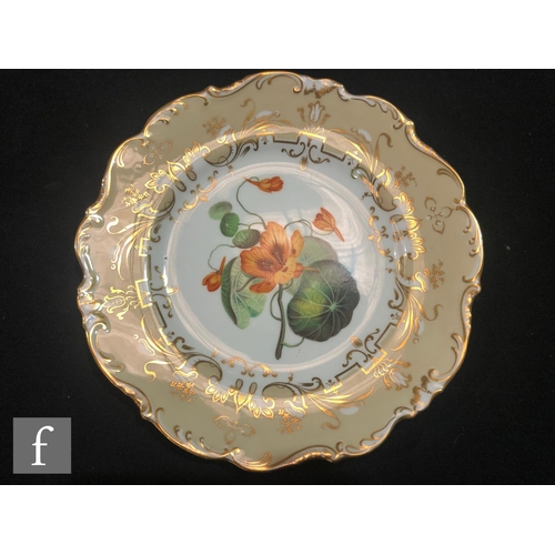 55 - A 19th Century hand painted part dessert service comprising one shaped dish and three plates, each w... 