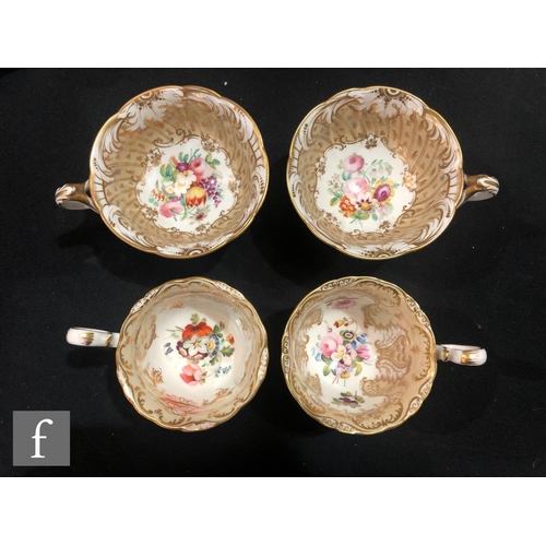 55 - A 19th Century hand painted part dessert service comprising one shaped dish and three plates, each w... 