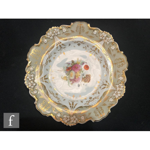 55 - A 19th Century hand painted part dessert service comprising one shaped dish and three plates, each w... 