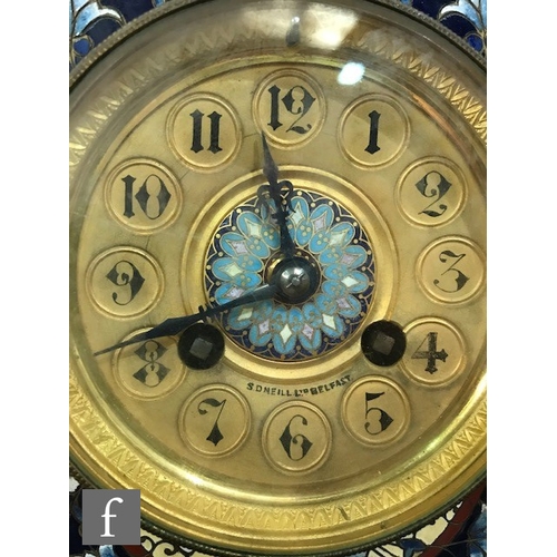 776 - A late 19th French champleve enamelled mantel clock, the movement stamped 'Paris' and with retailer'... 