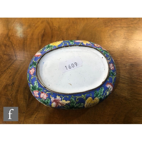 762 - A brass five divisioned stamp box, a damascene domed cigarette box, a Chinese enameled oval box and ... 