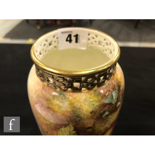 41 - A later 20th Century Royal Worcester Fallen Fruit vase panel decorated by Freeman with hand painted ... 