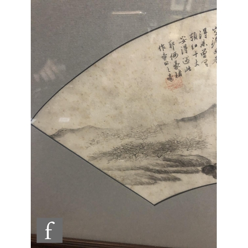 202 - A Chinese fan painting in the manner of Pu Ru, the ink and monochrome watercolour washes depicting a... 