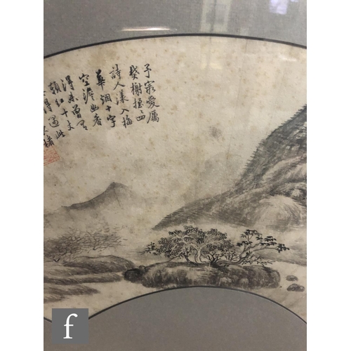 202 - A Chinese fan painting in the manner of Pu Ru, the ink and monochrome watercolour washes depicting a... 