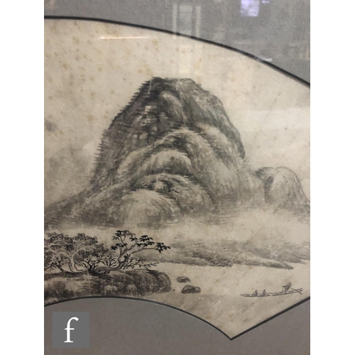 202 - A Chinese fan painting in the manner of Pu Ru, the ink and monochrome watercolour washes depicting a... 