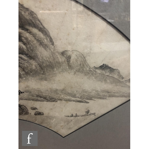 202 - A Chinese fan painting in the manner of Pu Ru, the ink and monochrome watercolour washes depicting a... 