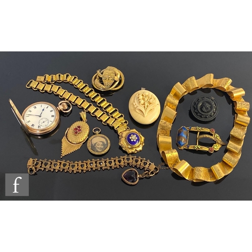 422 - A small parcel lot of assorted 19th Century costume jewellery to include a metal bracelet set with h... 