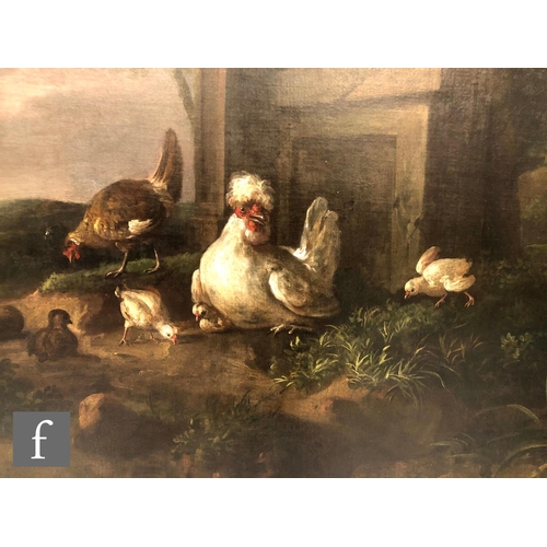 530 - MANNER OF MELCHIOR D'HONDECOETER - Poultry beside an urn in an extensive wooded landscape, oil on ca... 