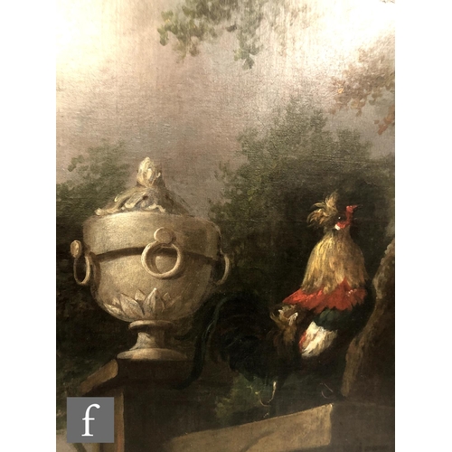 530 - MANNER OF MELCHIOR D'HONDECOETER - Poultry beside an urn in an extensive wooded landscape, oil on ca... 