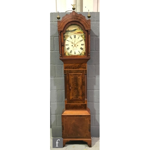 595 - A 19th Century mahogany longcase clock with an eight-day movement striking on a bell, the hood with ... 