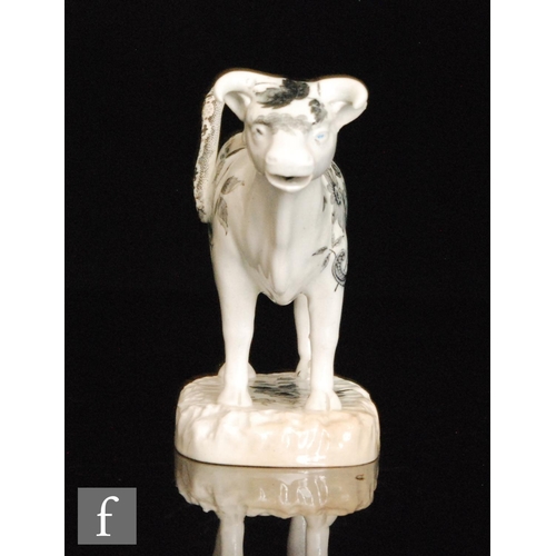 87 - A 19th Century Welsh pearlware cow creamer and cover, possibly Glamorgan, with black and white trans... 