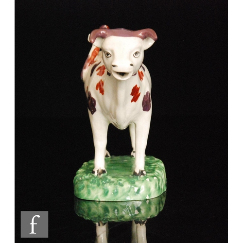 90 - A 19th Century Welsh cow creamer and cover, possibly Cambrian, she with burnt red and dark pink lust... 