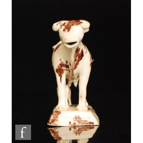 99 - A late 18th to early 19th Century Staffordshire cow creamer and cover with calf beneath, cow with Wh... 