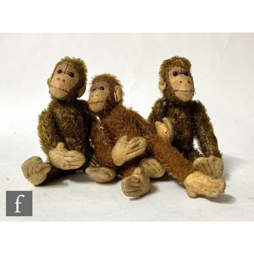 1155 - Three British monkeys, two in brown mohair, one in cinnamon, each with felt faces, hands and feet, b... 