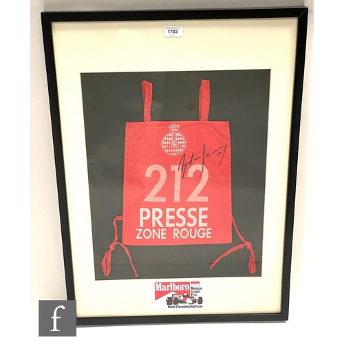 1703 - A Monaco Grand Prix marshal’s tabard No 212, press zone rouge, signed by Ayrton Senna in black felt ... 